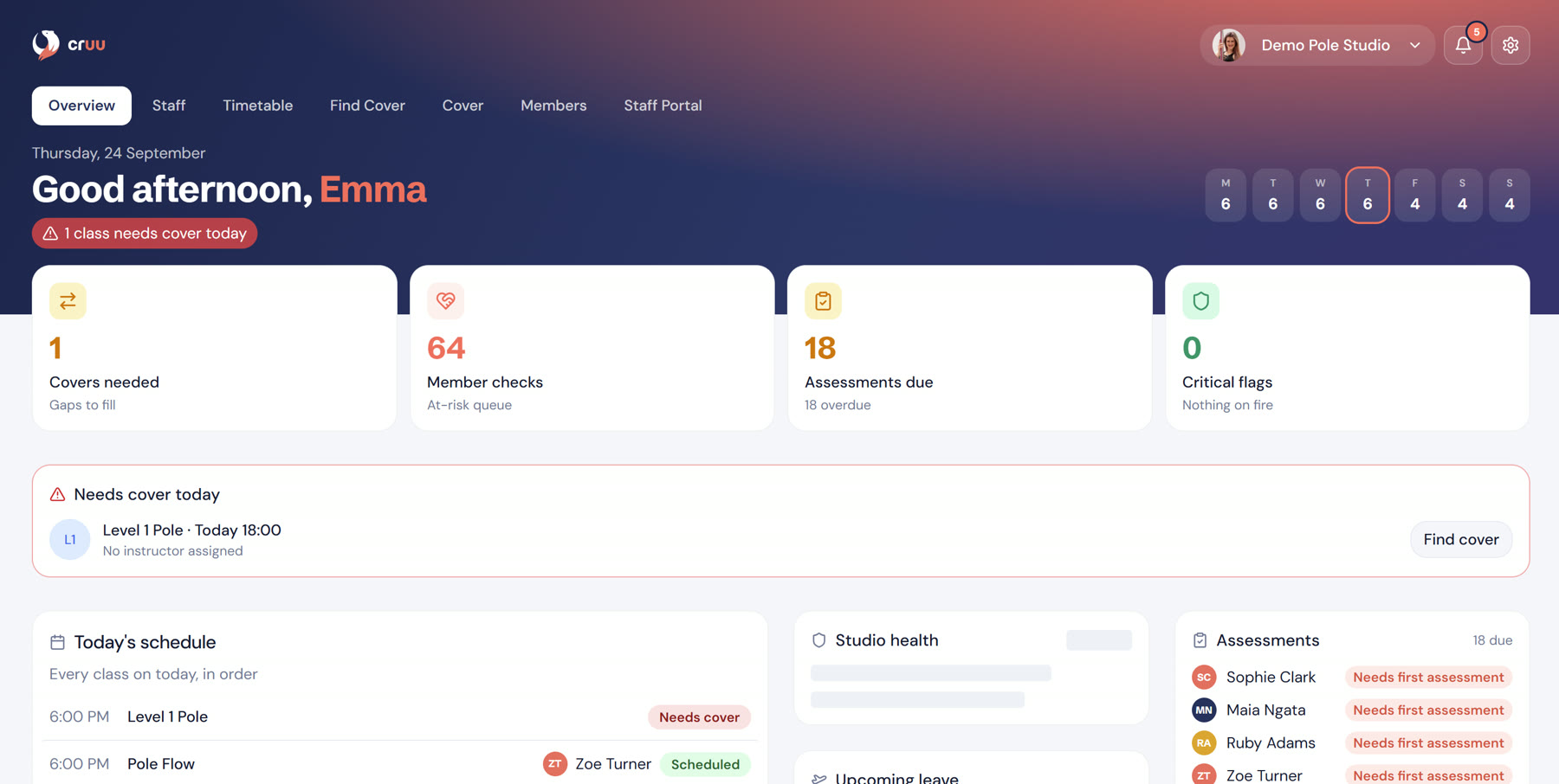 Cruu dashboard for a demo studio: covers needed, member checks, today's schedule